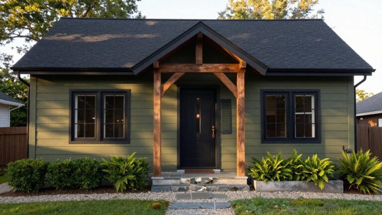 Sage green clapboard house with steep gable roof in black metal, black-framed windows, covered front porch supported by wood posts and railing, boxwood shrubs, ferns in concrete planter, gravel path, and stone steps at street edge.