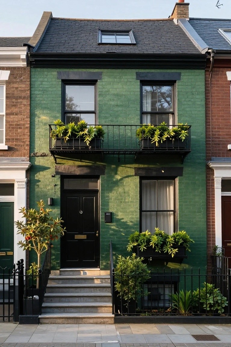 A two-story end-terrace house painted green brick with black slate roof, black window frames, wrought iron balcony with black planters full of green foliage, black front door, steps, black railing, small front garden with plants, flanked by brick neighbors on a paved street.