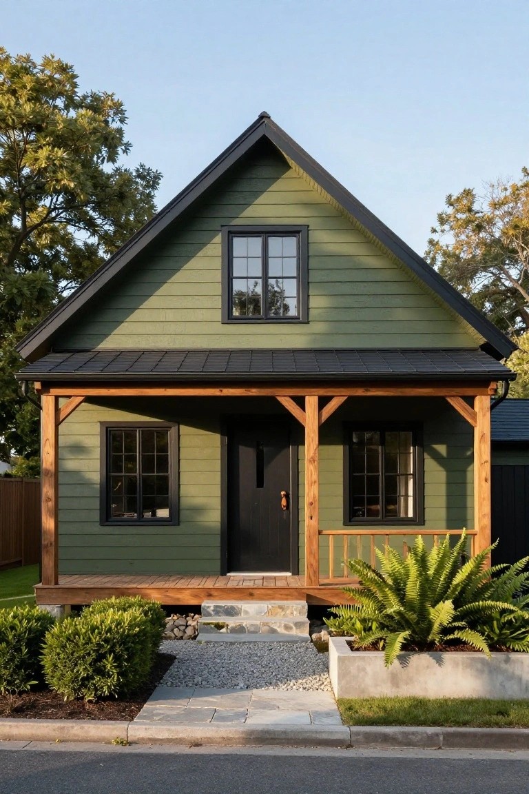 Sage green clapboard house with steep gable roof in black metal, black-framed windows, covered front porch supported by wood posts and railing, boxwood shrubs, ferns in concrete planter, gravel path, and stone steps at street edge.