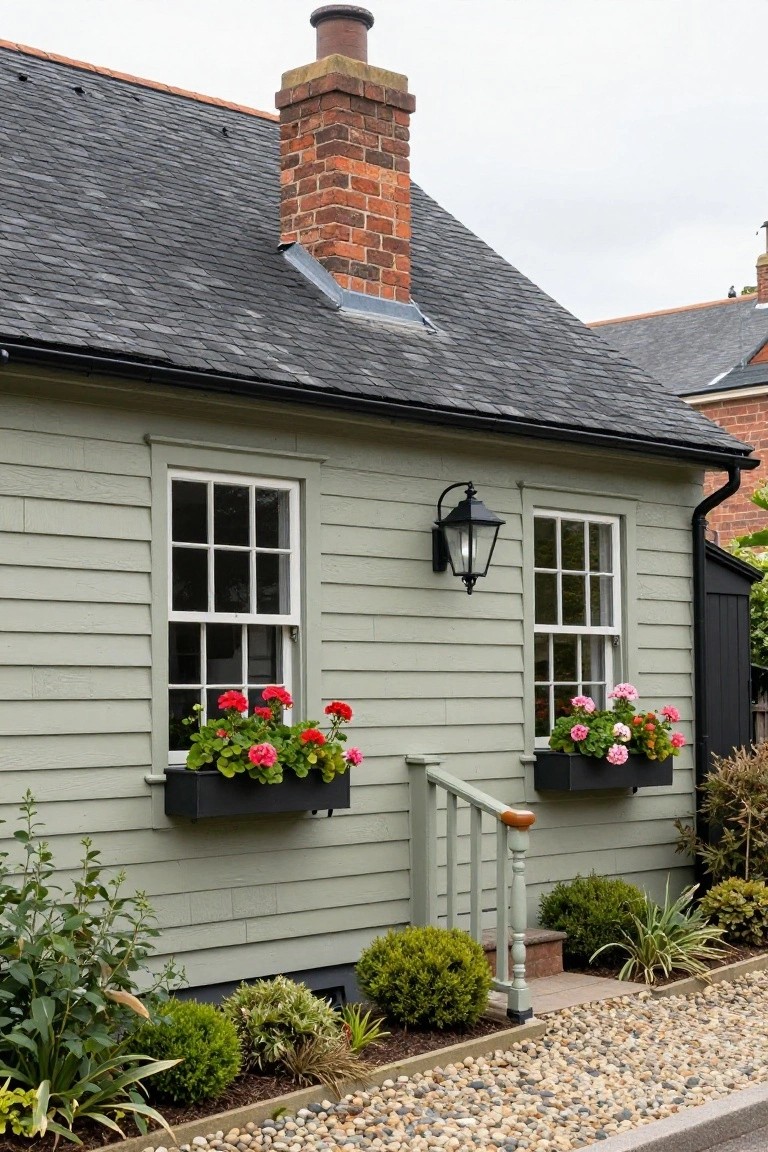 Sage green shingle siding house with dark slate roof, white-trimmed windows, covered front porch with columns and flower boxes, hanging basket, boxwood shrubs, and gravel path in the yard.