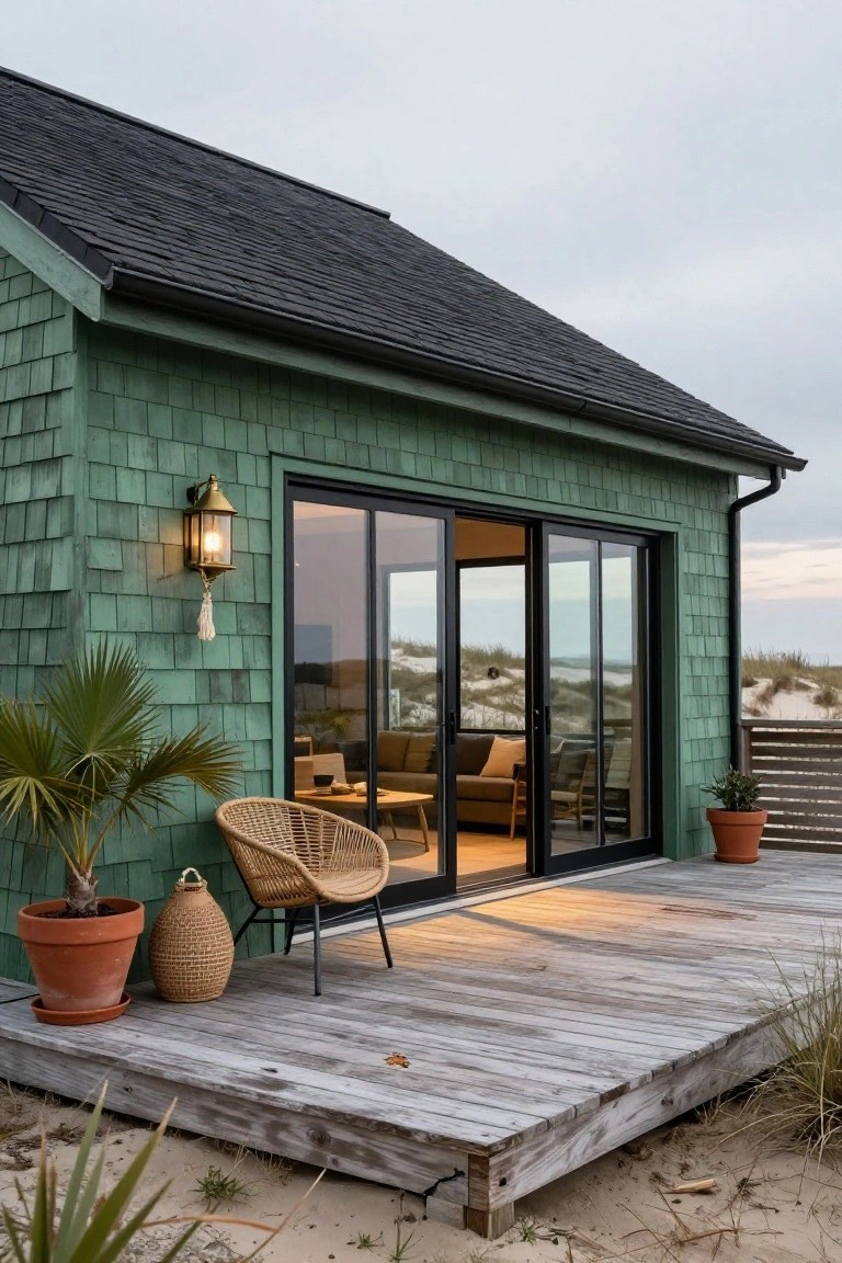 Side exterior view of a seafoam green shingled house with black shingled roof, large black-framed sliding glass doors opening to a weathered wooden deck, potted plants and rattan furniture nearby, beach dunes in background.