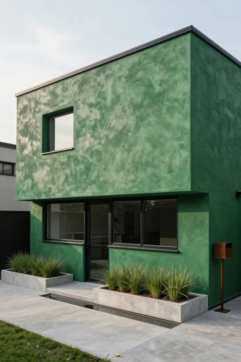 Modern boxy house with textured green plaster walls, flat black roof, black-framed windows and door, concrete planters filled with tall grasses beside the entry steps, wood mailbox on a stand, and concrete pathway leading to grass lawn.