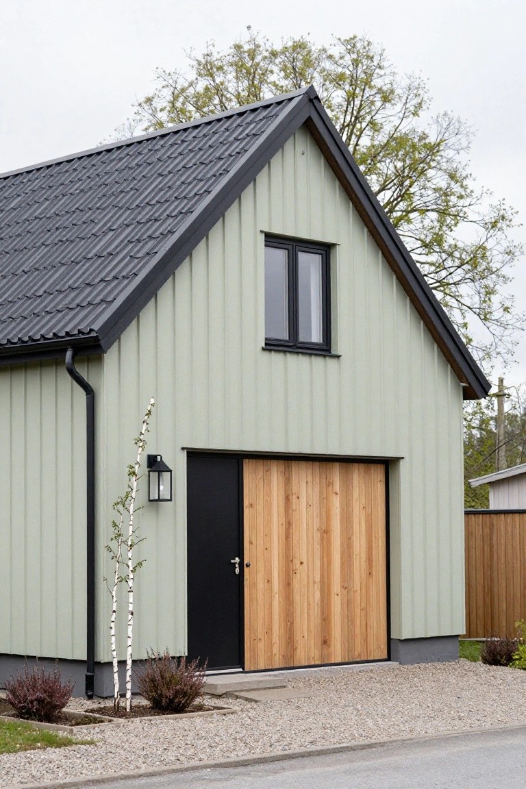 Light green vertical board-and-batten siding on a gabled garage with black roof, wooden garage door, black front door with lantern light, downspout, young birch trees, heather shrubs, gravel yard, and street edge.