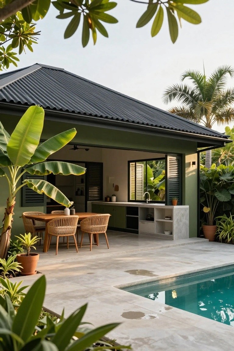 Green pavilion structure with black corrugated roof containing an outdoor kitchen island and wooden dining table with rattan chairs on a tiled patio next to a rectangular pool, surrounded by tropical plants and trees.