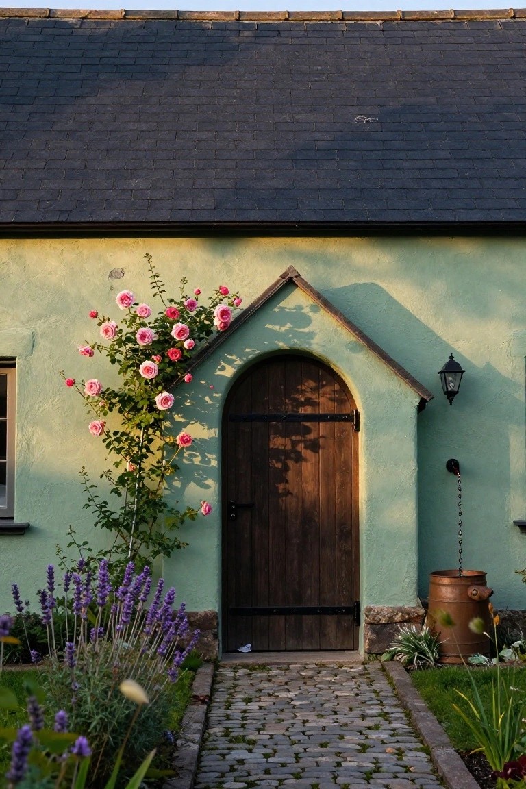 Pale green stucco cottage exterior with dark slate roof, arched dark wooden door, climbing pink roses on left wall, purple lavender plants along base, cobblestone path, wall lantern, and copper rain barrel by door.