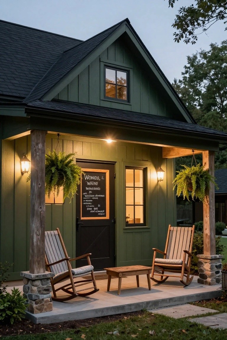 Dark green gabled cabin with black roof and timber porch posts, featuring two wooden rocking chairs, a low table, hanging ferns, lanterns, and a chalkboard sign beside the black entry door.