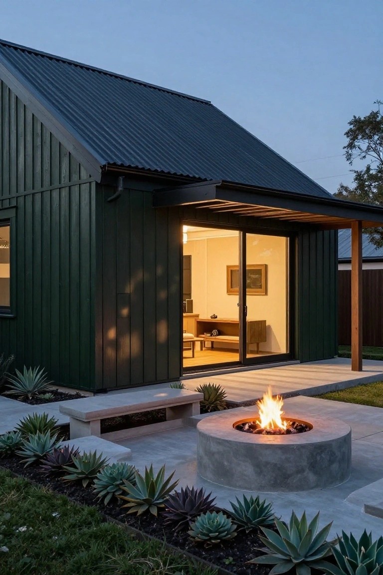 Dark green vertical board house with black corrugated metal roof, open sliding glass doors to concrete patio with round concrete fire pit, stone bench, and agave plants in yard at dusk.