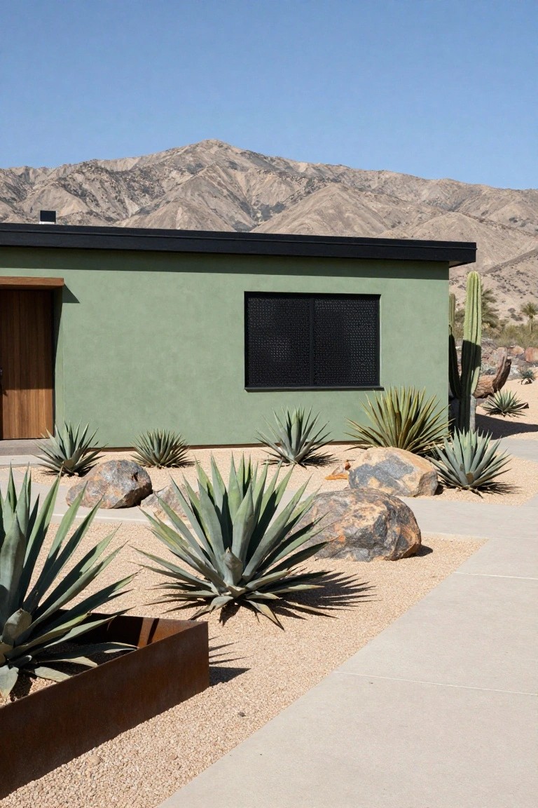 Exterior of a rectangular sage green stucco house with black flat roof, wooden entry door, black screened window, surrounded by agave plants, boulders, gravel, and a concrete path in desert landscape with mountains.