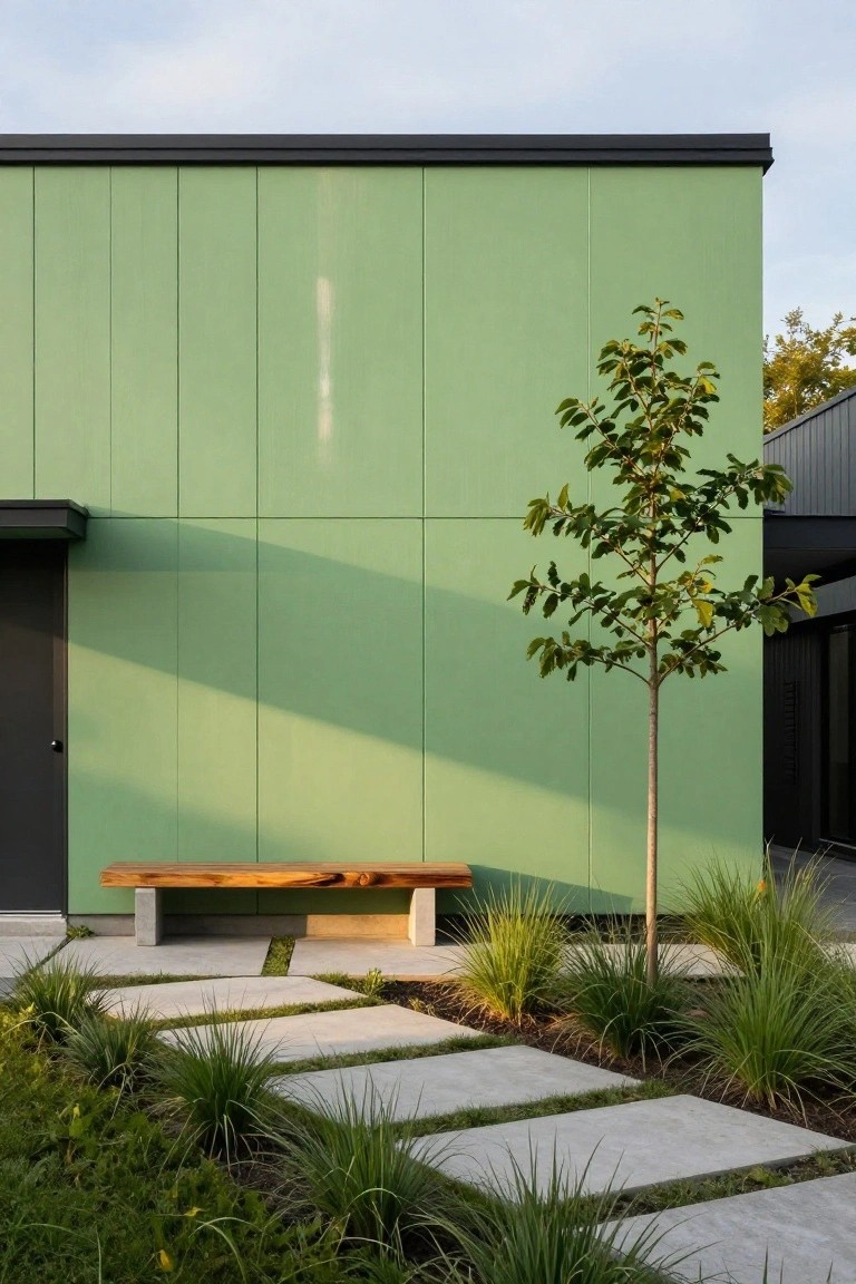 Exterior of a modern house featuring light green vertical siding, black roof and trim, a dark wood bench on concrete bases next to a black door, a slender tree, ornamental grasses, and irregular concrete paver path.