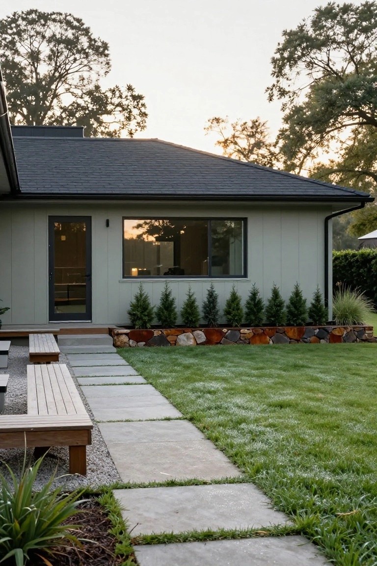 Exterior side view of a modern house with pale green vertical siding, black shingle roof, black-framed glass entry door and large window, row of small evergreen trees in a curved rock bed, wooden benches, gravel area, concrete paver path, and green lawn.