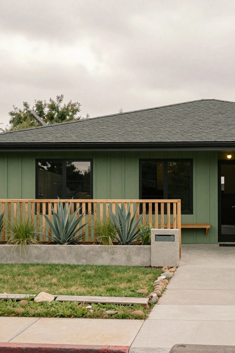 Front exterior of a single-story ranch-style house with sage green vertical siding, black asphalt shingle roof, black-framed windows and door, wooden slat fence around agave plants in a concrete raised planter bed, and concrete driveway.