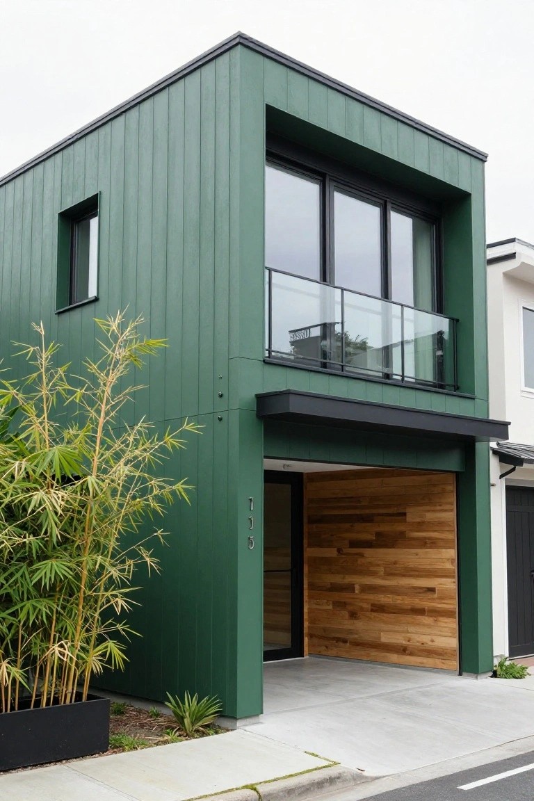 Two-story rectangular house with dark green vertical plank siding, black window frames, a second-floor glass balcony, open wood-paneled garage with black door, and tall bamboo plants in a black planter next to a concrete driveway.