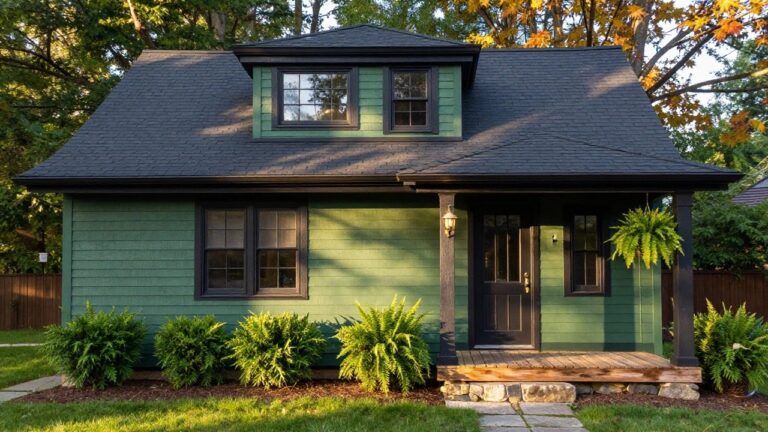 Front exterior of a small one-story house with dark green shingle siding, black metal gable roof, black-trimmed windows and door, porch with columns, lantern light, stone steps, boxwood shrubs, ferns, and grass path in autumn woodland setting.