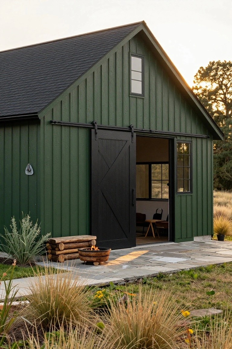 Dark green board-and-batten sided gabled barn building with large open black sliding barn door revealing interior furniture, wood stack and fire bowl on stone pavers, grasses and plants nearby.