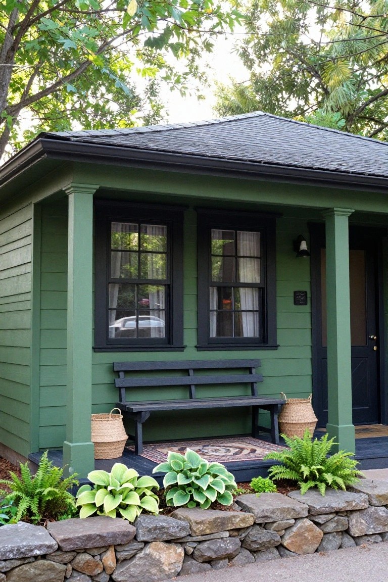 Small green clapboard house with black window frames, trim, door, and porch supported by columns, bench with seagrass baskets, hostas, ferns, and patterned rug on porch, stone wall at base, trees overhead.