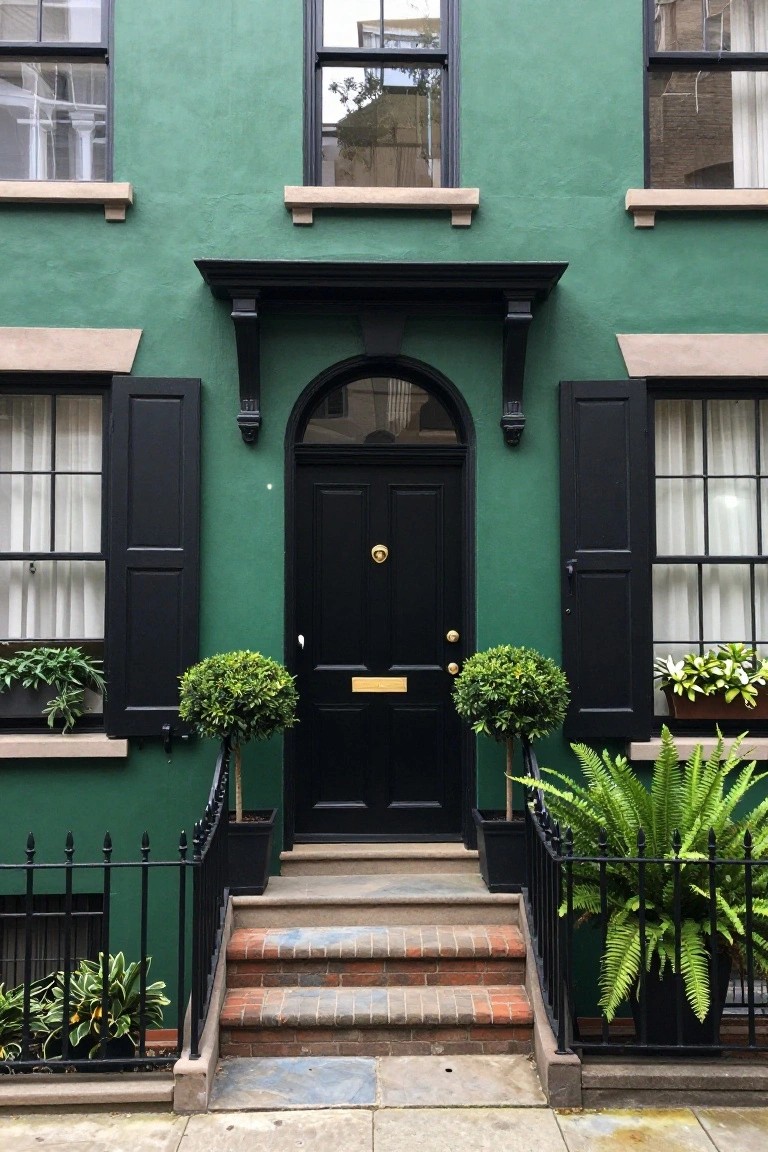 Green two-story townhouse exterior with black shutters on windows, arched black front door with gold knocker and letterbox, potted topiary plants on either side, brick steps, and black iron railing.