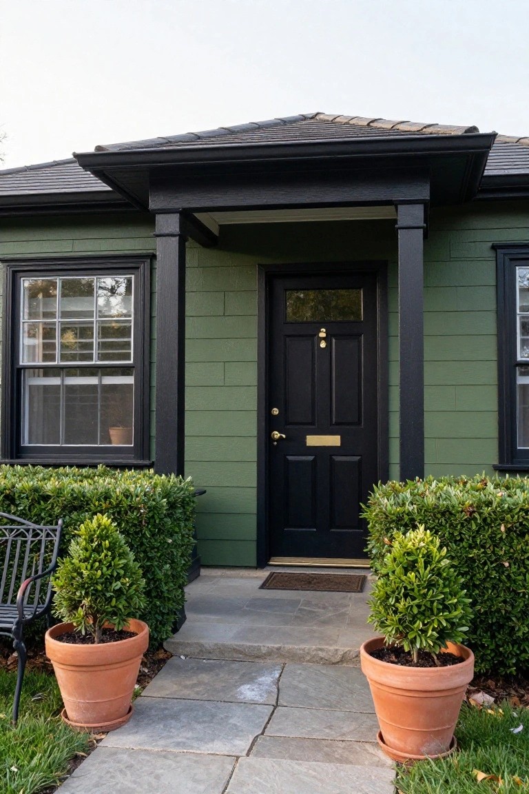 Green clapboard house exterior with black trim on windows and door, covered front porch supported by black posts, flanked by boxwood shrubs and terracotta pots with topiary plants on a stone path leading to the entry.