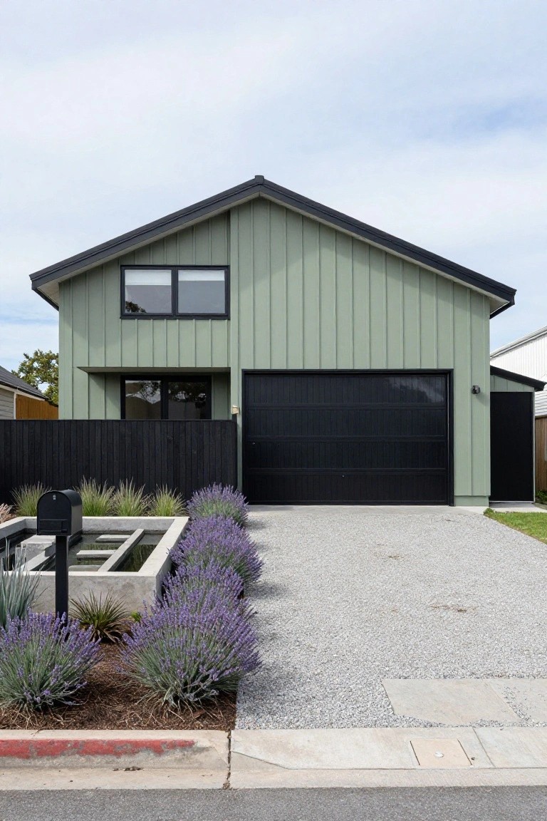 Front view of a two-story house with sage green vertical board-and-batten siding, black-framed windows, black garage door, gravel driveway, and lavender plants in concrete beds along the front.