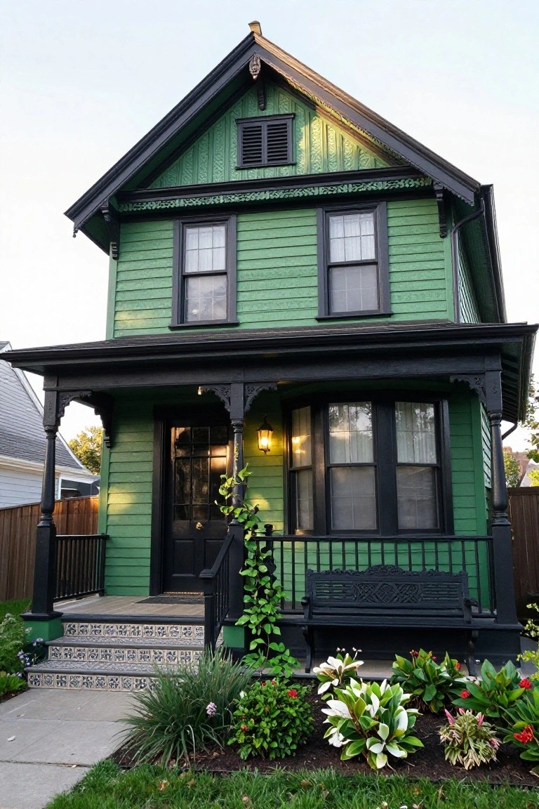 Two-story dark green house with black trim, ornate gabled roof, covered front porch with bench, tiled steps, and low garden plants along the sidewalk.
