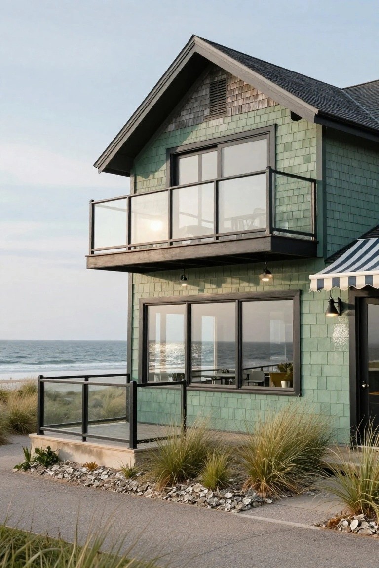 Side view of a two-story beach house with seafoam green shingle siding, black-trimmed large windows and glass balcony overlooking sand dunes and ocean.