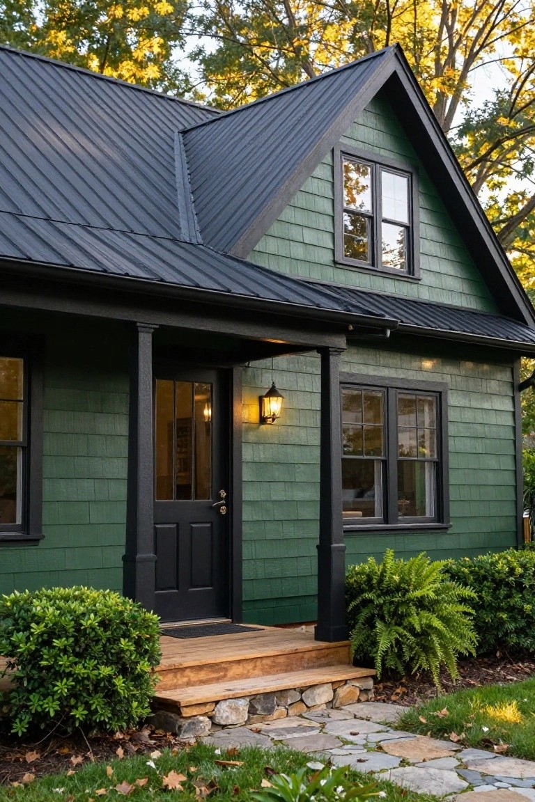 Front exterior of a small one-story house with dark green shingle siding, black metal gable roof, black-trimmed windows and door, porch with columns, lantern light, stone steps, boxwood shrubs, ferns, and grass path in autumn woodland setting.