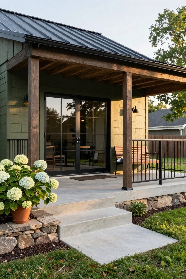 Exterior of a small sage green house with black metal roof, wooden porch supported by beams, black-framed glass double doors, black metal railing, concrete steps, potted white hydrangea, and stone retaining wall beside grass lawn.