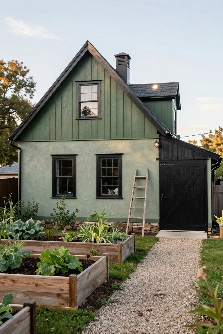 Small two-story house with sage green clapboard siding and black trim around windows and doors, black garage door, wooden ladder leaning on wall, raised garden beds with vegetables, gravel path, and surrounding greenery at dusk.