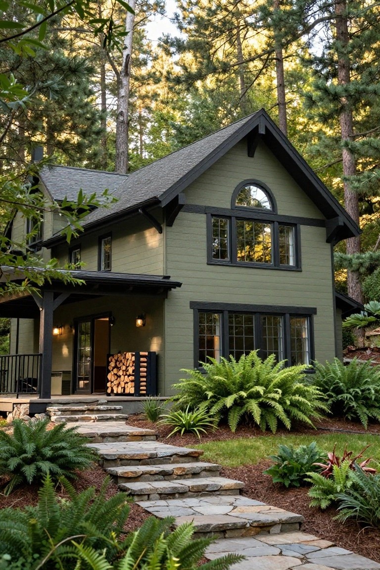Two-story green clapboard house with black trim and gabled roof in pine forest, front porch with glass door, firewood rack, stone steps, and surrounding ferns.