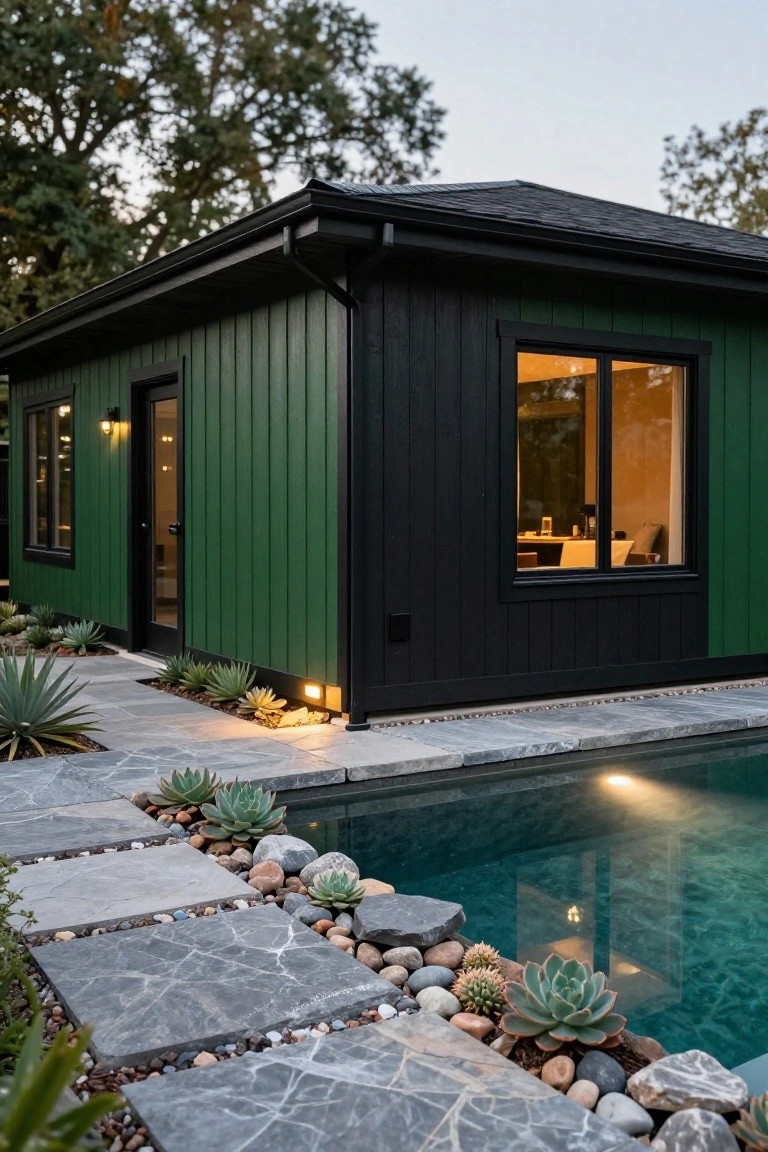 Corner view of a small rectangular house with dark green vertical siding, black trim, roof, doors, and window frames, positioned beside a rectangular pool with gray stone pavers, pebbles, rocks, and succulents along the edge.