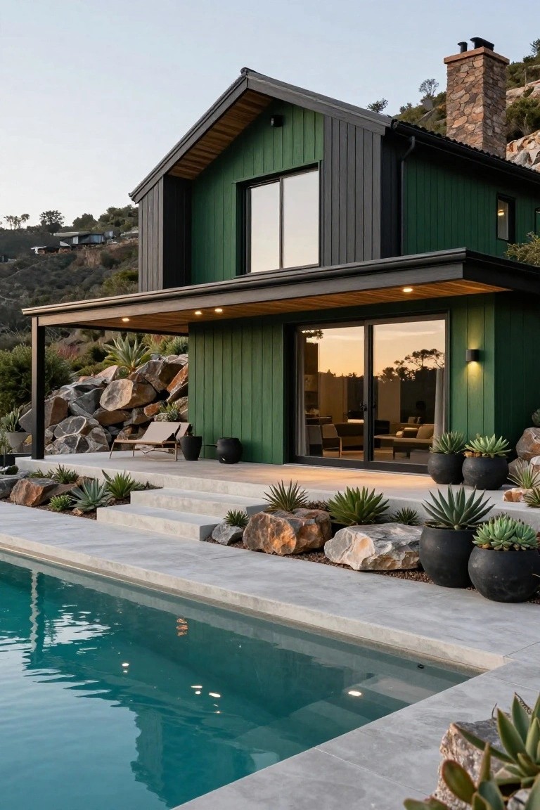 A modern two-story house painted green with black trim and large sliding glass doors, built into a rocky hillside beside a rectangular pool, with agave plants in black pots and boulders in the foreground.