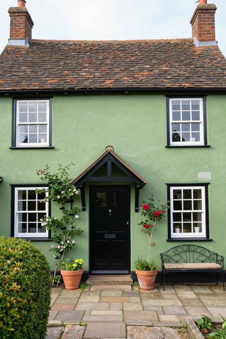 Front exterior of a two-story sage green cottage with black-trimmed sash windows, black front door under a gabled porch, rose climbers and potted plants beside the door, a metal bench on a stone path, and boxwood shrubs.
