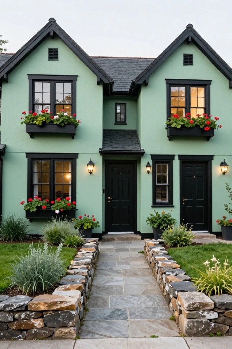 Sage Green Siding with Black Trim