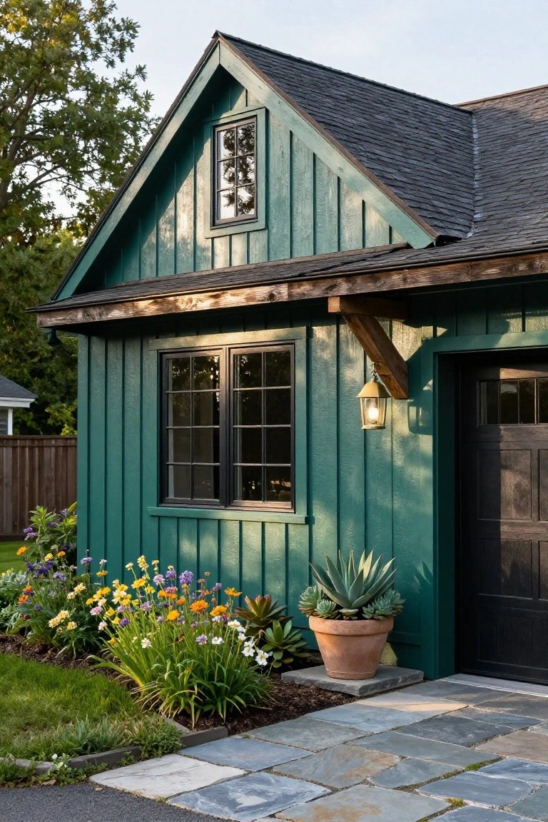 Teal board-and-batten sided gabled garage structure with black-framed windows, dark garage door, wooden roof brackets, wall lantern, potted agave plant, colorful flower beds, and stone paver walkway.