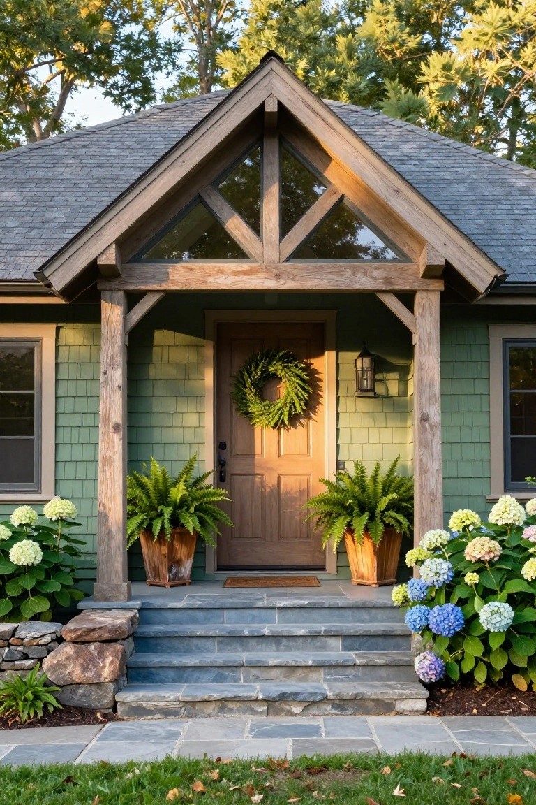 Sage green shingle house with gabled front porch supported by exposed wooden timbers and posts, wooden door with grapevine wreath, lantern light, potted ferns and hydrangeas flanking the entry, stone steps, and surrounding landscaping.