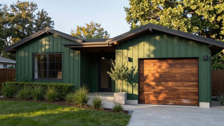 Side exterior of a dark green board-and-batten garage with a large double natural wood garage door, black wall lights, boxwood shrubs, stone paver walkway, ornamental grasses, and olive tree in a yard setting.
