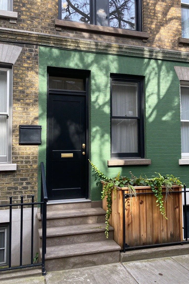 Front view of a two-story yellow brick house with lower green painted brick section around a black front door, concrete steps with black metal railing, and a wooden planter box filled with trailing green plants positioned beside the steps on a sidewalk.