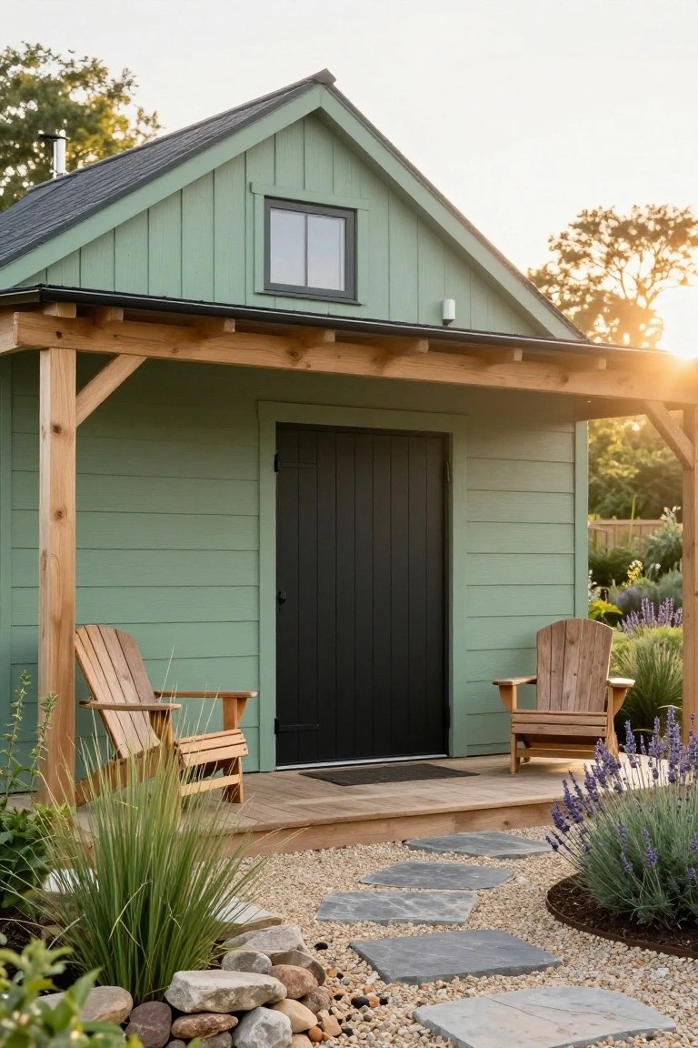 Small sage green clapboard shed with gabled roof, black paneled door, covered porch on timber posts with two wooden Adirondack chairs, gravel area, stone path, and plants nearby.