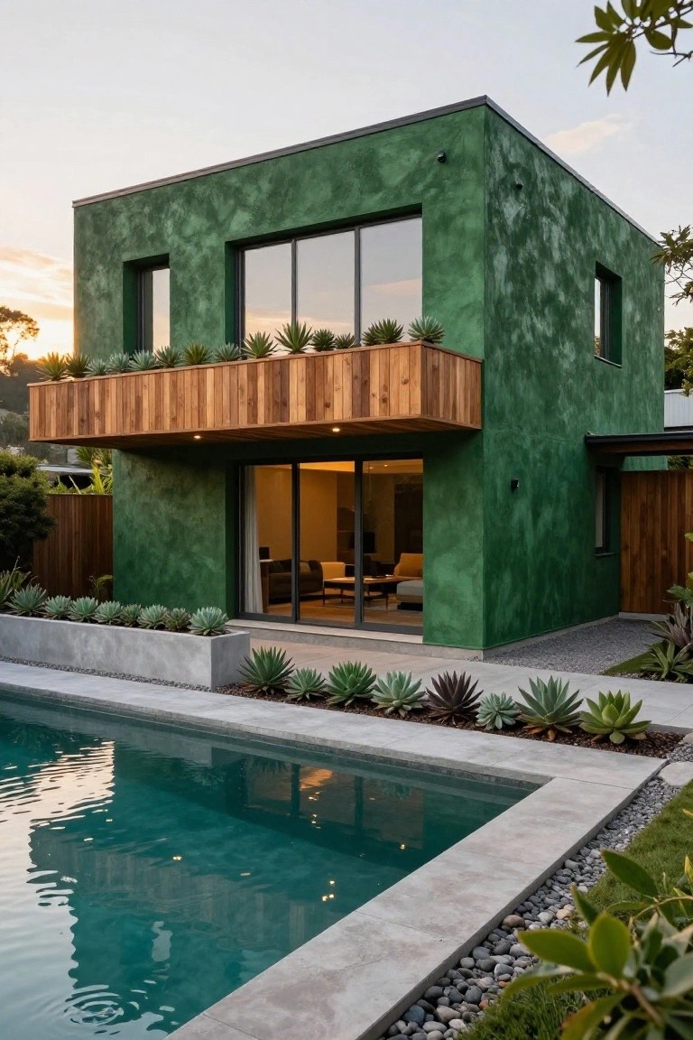 Corner view of a modern green-textured house exterior featuring a wooden balcony with plants, large glass windows and doors, next to a pool edged in concrete and gravel with agave succulents.
