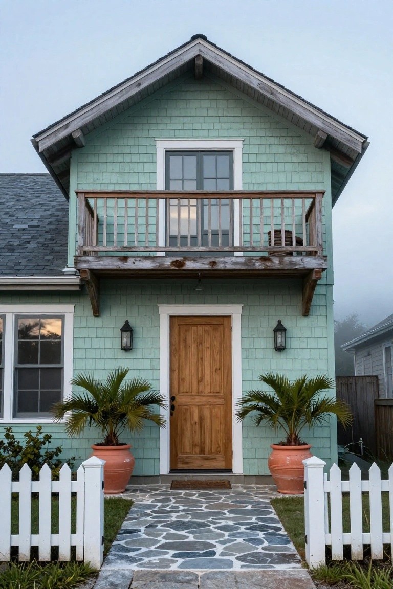 Two-story mint green shingle house with wooden front door, balcony railing, potted palms flanking entry, lanterns, white picket fence, and pebble stone pathway leading to the door.