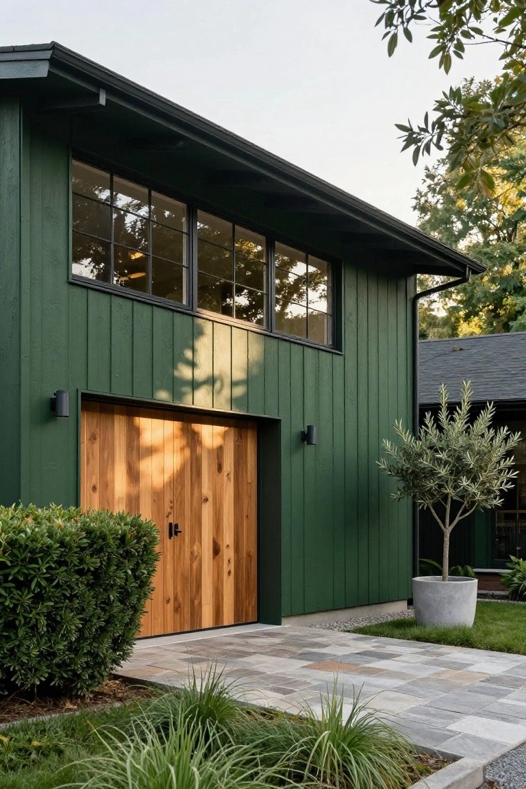 Side exterior of a dark green board-and-batten garage with a large double natural wood garage door, black wall lights, boxwood shrubs, stone paver walkway, ornamental grasses, and olive tree in a yard setting.