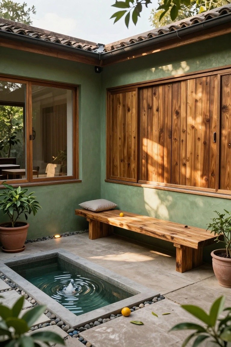 Green plaster walls enclose a courtyard with a wooden bench beside a rectangular stone fountain pool containing bubbling water, surrounded by pebbles, potted plants, and a cushion on the bench.