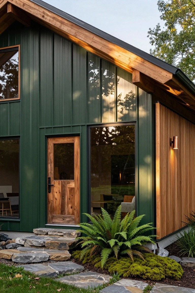 Side exterior of a green metal-sided house with sloped roof, wooden entry door, large adjacent windows, vertical wood cladding on one side, copper wall light, irregular stone steps, ferns, moss, and gravel path at the base.