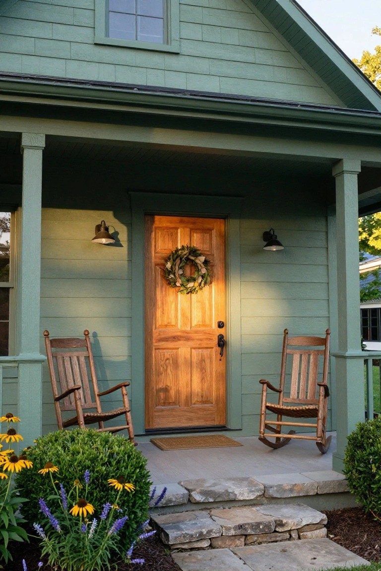 Light green shingle-sided house with wooden front door, magnolia wreath, two wooden rocking chairs on porch, wall lanterns, stone steps, and flowers plus shrubs at base.
