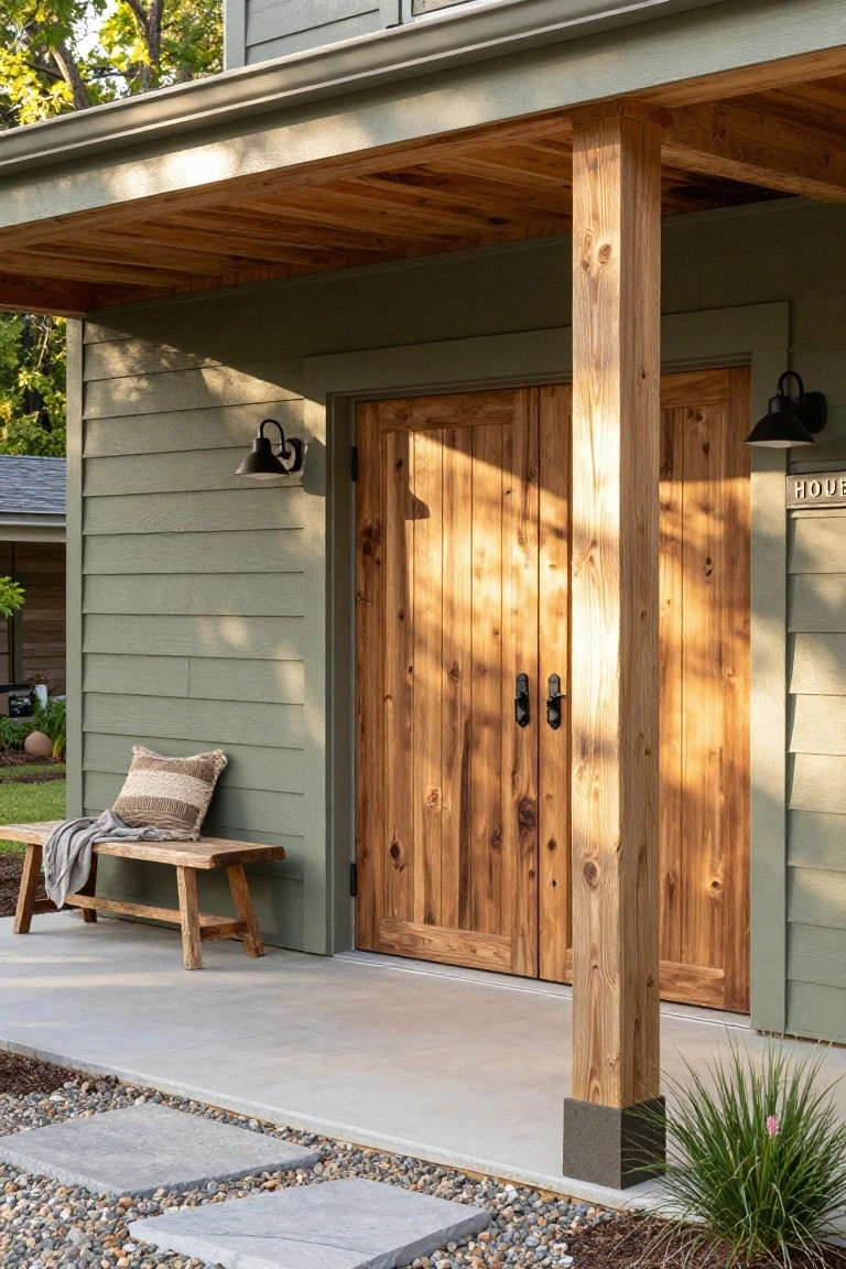 Sage green house exterior with covered porch, double vertical-board wooden doors, thick wooden support post, black wall lanterns, wooden bench with cushions and throw, stone pavers, gravel, and plants at the base.