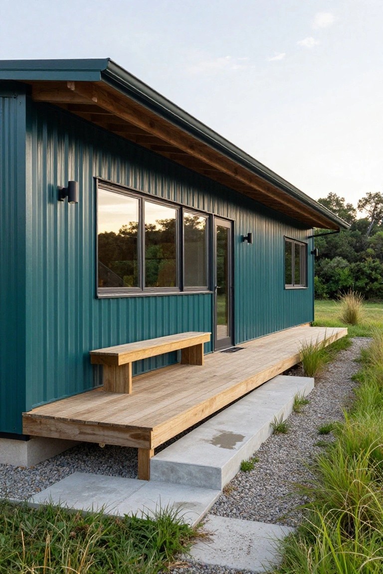 Side view of a teal green corrugated metal house with wooden deck, bench, glass entry door, large windows, wall lights, and gravel path amid grasses.