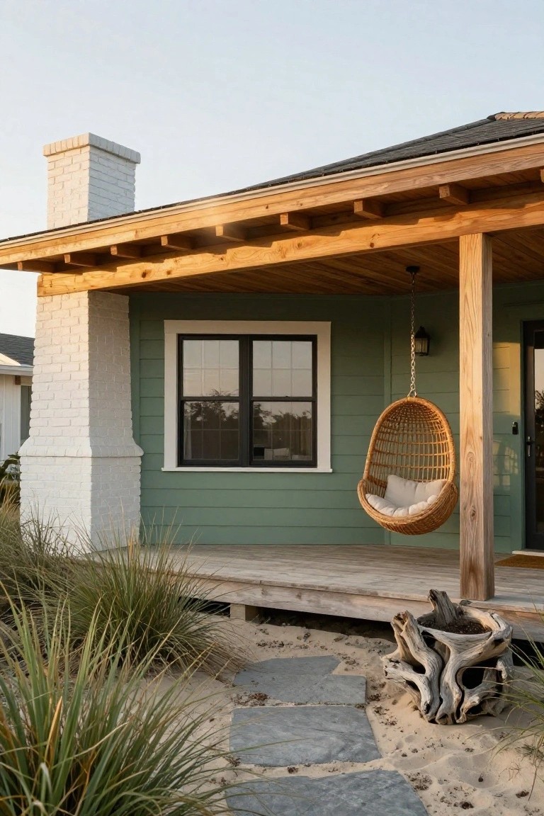 Exterior view of a pale green clapboard house with white brick chimney, covered porch featuring exposed wood beams and posts, hanging rattan swing with white cushion, wooden deck, stone path, driftwood planter, sea grass, and sand in a beachside setting.