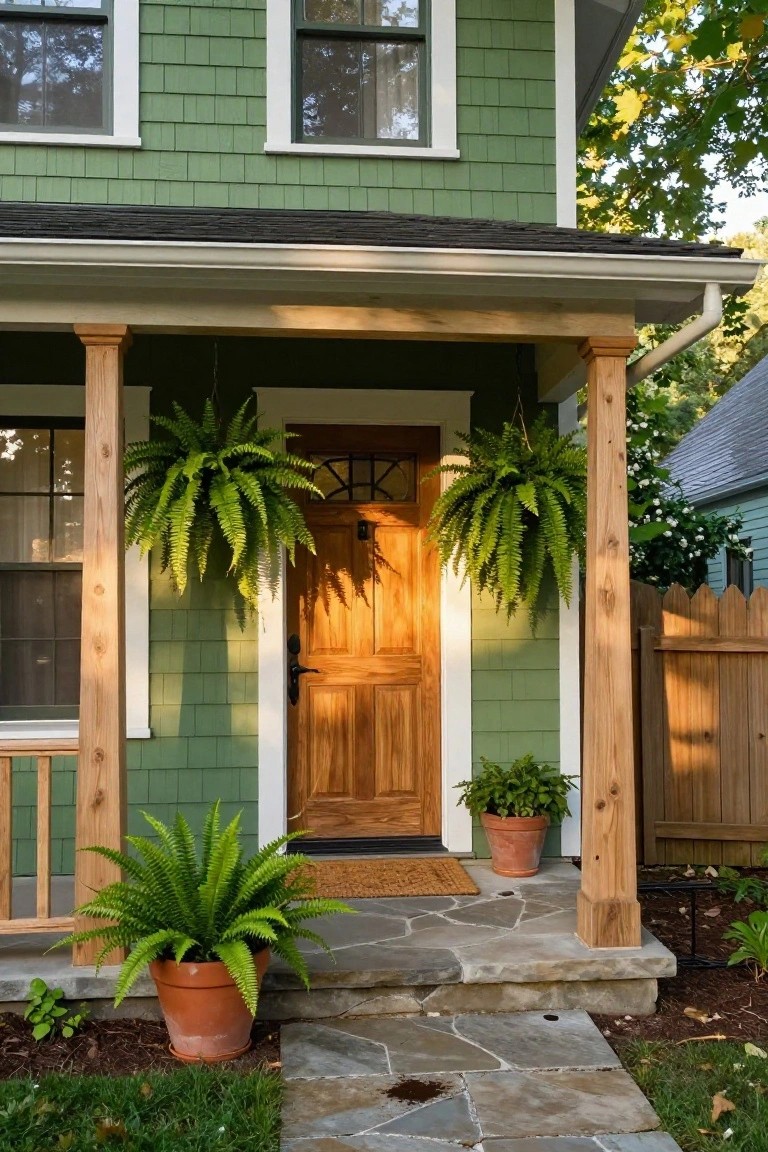 Front exterior of a light green shingle-style house with white trim, a covered porch supported by wood columns, a wooden front door with glass panels, hanging fern baskets, potted plants on the steps, stone pathway, and a woven doormat.