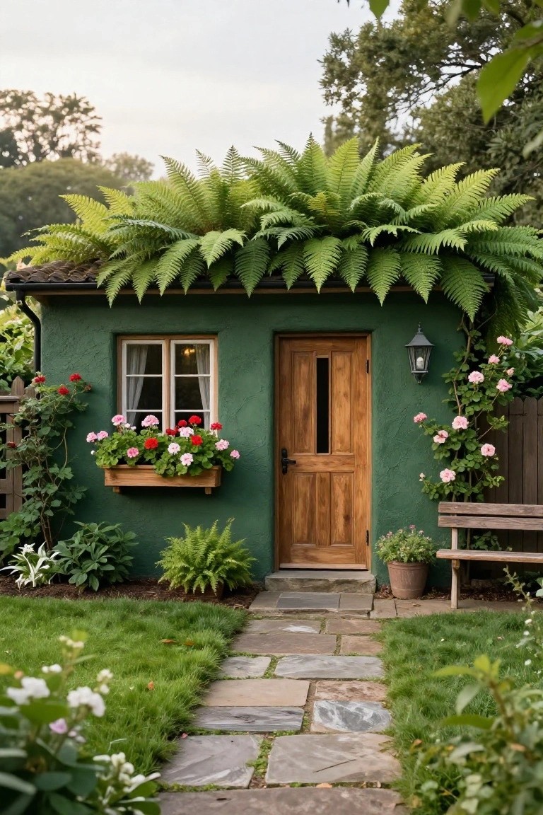 Small green stucco cottage with wooden front door, extensive ferns covering the roof, window box of pink and red geraniums, climbing pink roses on walls and fence, potted plants, wooden bench, stone pathway through lawn and garden bed.
