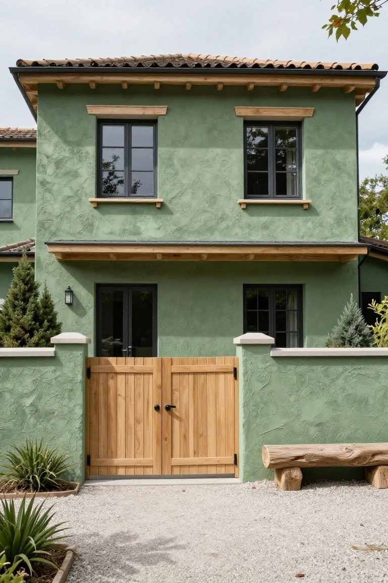 Front exterior of a two-story house with sage green stucco walls, wooden double gate entry flanked by stone pillars, small conifer trees, agave plants in beds, gravel path, and a log bench nearby.