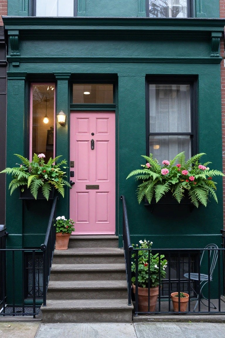 Dark green painted townhouse exterior featuring a bright pink paneled front door, window boxes with ferns and pink geraniums on either side, stone steps with black railing leading to the door, potted plants at the base, and a small metal chair nearby.